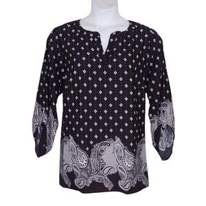 NEW Avenue 22/24 Paisley Border Top Black & White 3/4 Roll Tab Sleeves
